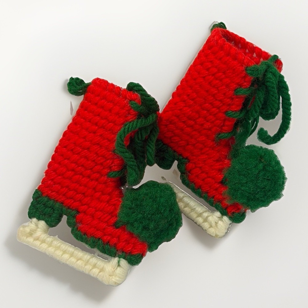 Christmas Crocheted Roller Skate Booties 3"  Handmade Vintage Red And Green